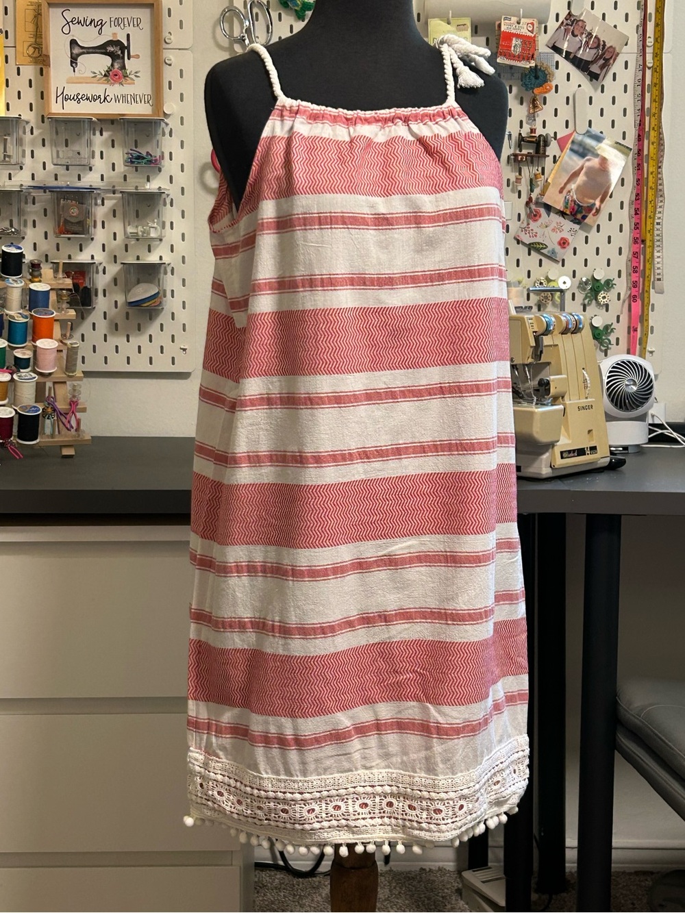 Striped Rope-Shoulder Mini Dress in Red & White